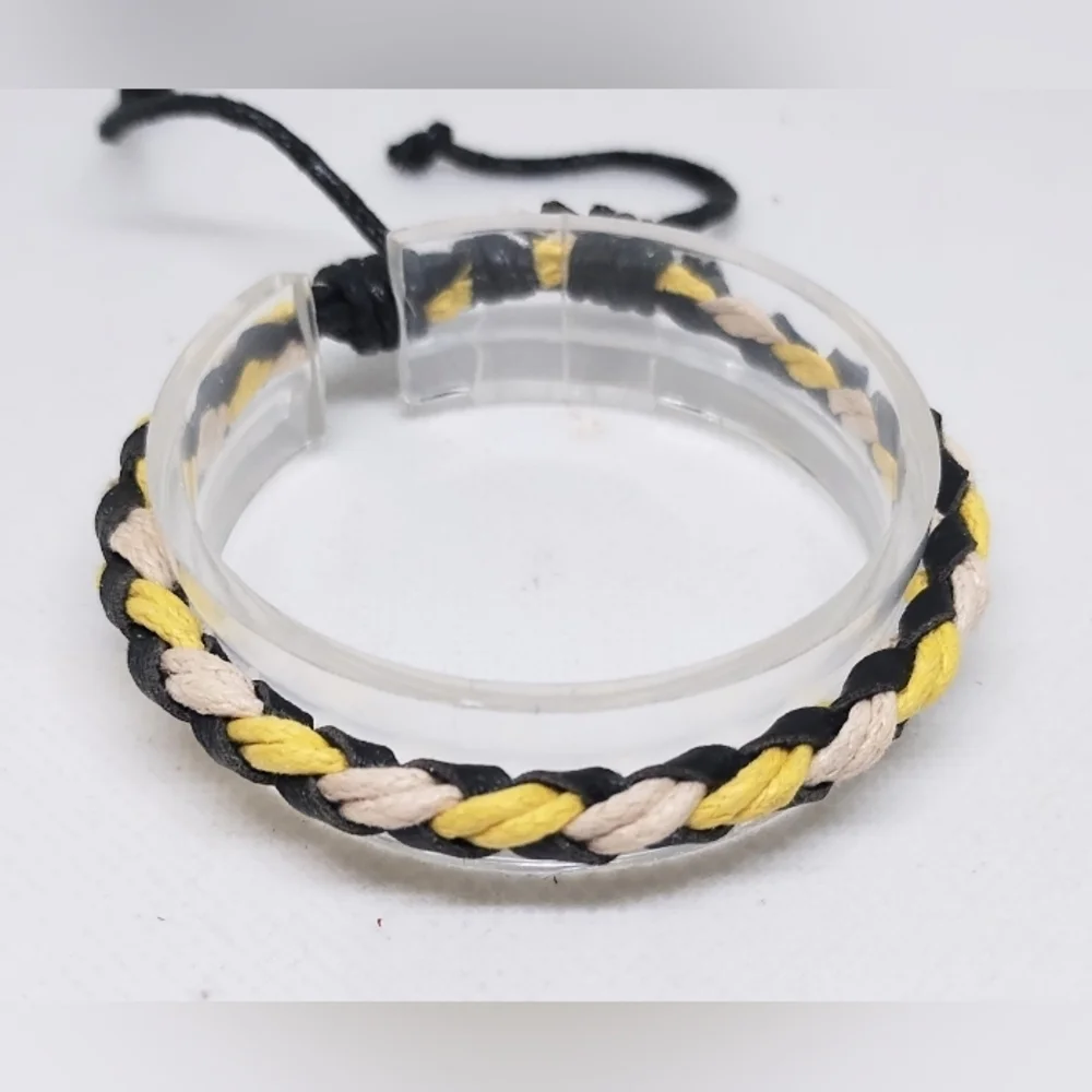 Men's Bracelet Leather Braided Black Yellow New f35